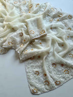 Ivory Gulnaar Embroidered Chiffon Saree