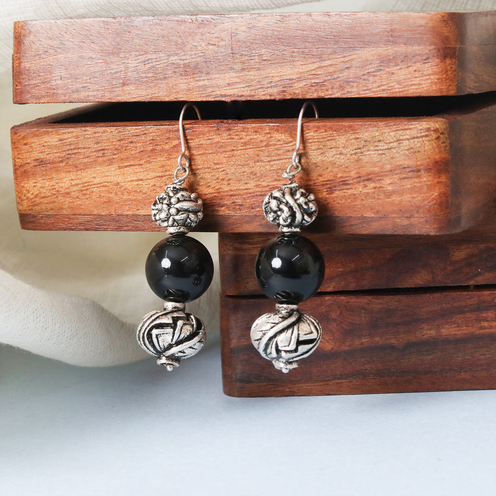 Carved Beads Onyx Earrings
