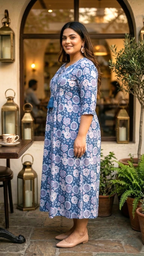 Plus Size Blue Floral Printed Cotton Dress for Women – Elegant Casual Wear