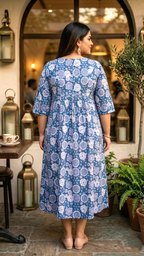 Plus Size Blue Floral Printed Cotton Dress for Women – Elegant Casual Wear