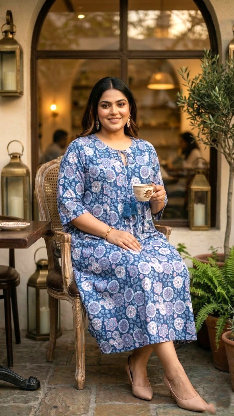 Plus Size Blue Floral Printed Cotton Dress for Women – Elegant Casual Wear