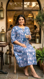 Plus Size Blue Floral Printed Cotton Dress for Women – Elegant Casual Wear
