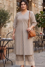 Plus Size Cotton Kurta Set for Women | Beige Printed Kurta with Lace Palazzo