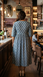 Plus Size Blue Printed Cotton Dress for Women – Elegant Casual Ethnic Dress
