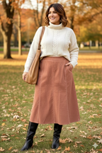 Pink High-Waisted Corduroy Midi Skirt