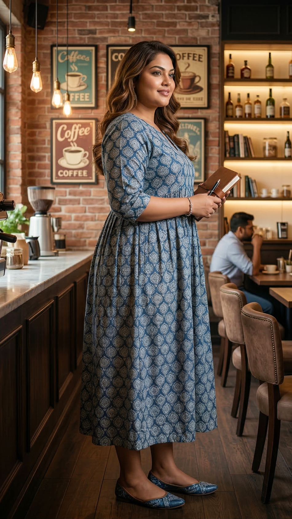 Plus Size Blue Printed Cotton Dress for Women – Elegant Casual Ethnic Dress
