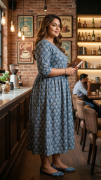 Plus Size Blue Printed Cotton Dress for Women – Elegant Casual Ethnic Dress