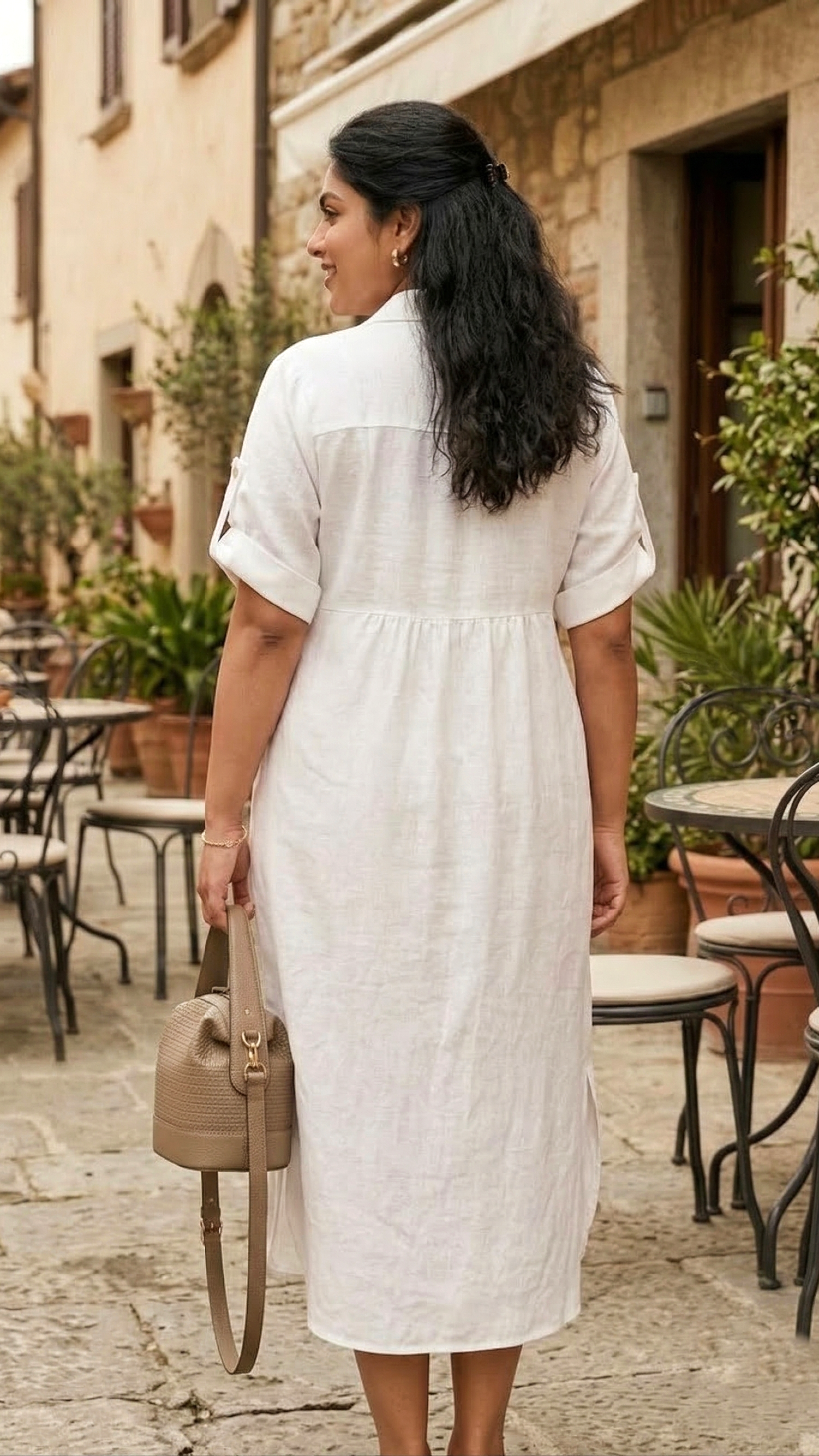 Plus Size White Linen Cotton Shirt Dress for Women – Elegant Casual Midi Dress