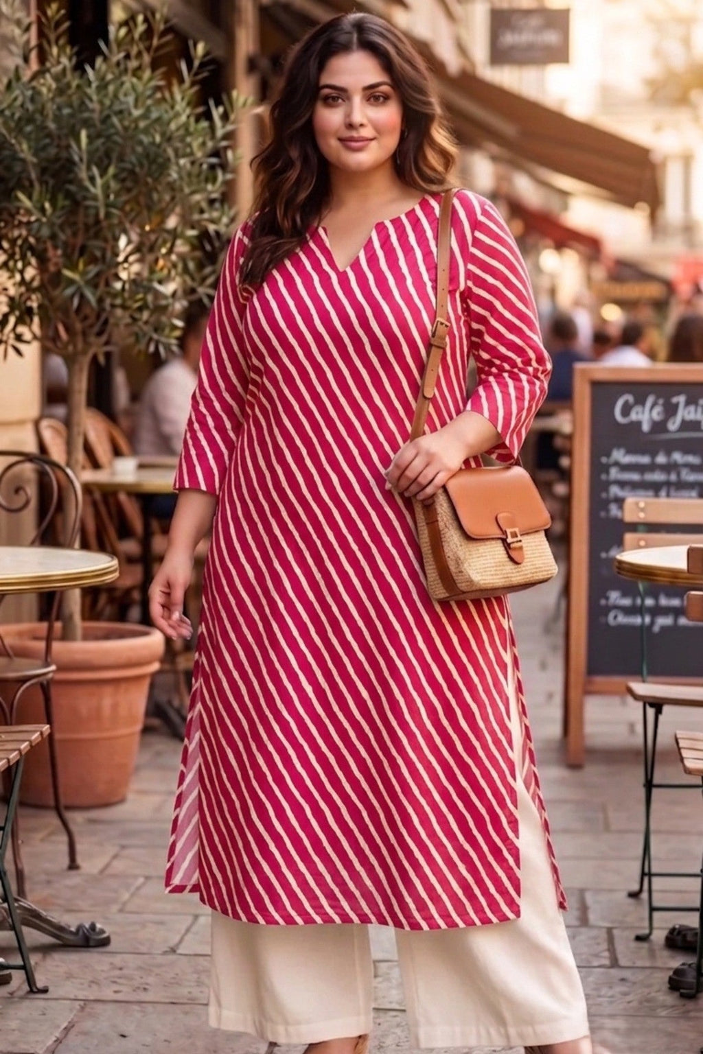 Plus Size Red Cotton Leheriya Kurta for Women | V-Neck Straight Kurta