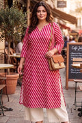 Plus Size Red Cotton Leheriya Kurta for Women | V-Neck Straight Kurta