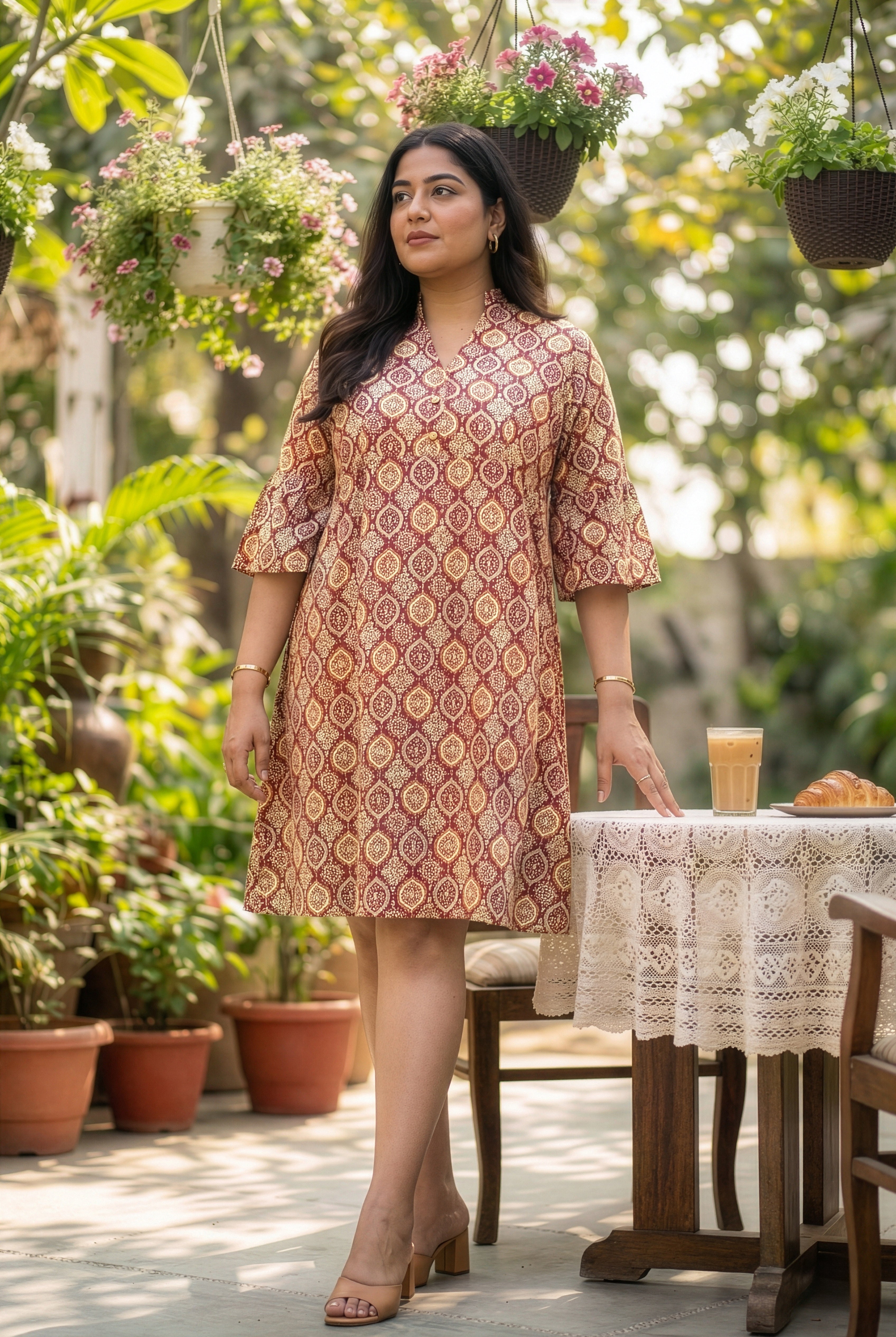 Plus Size Maroon Ajrakh Print Cotton Short Dress for Women – Kantha Fabric