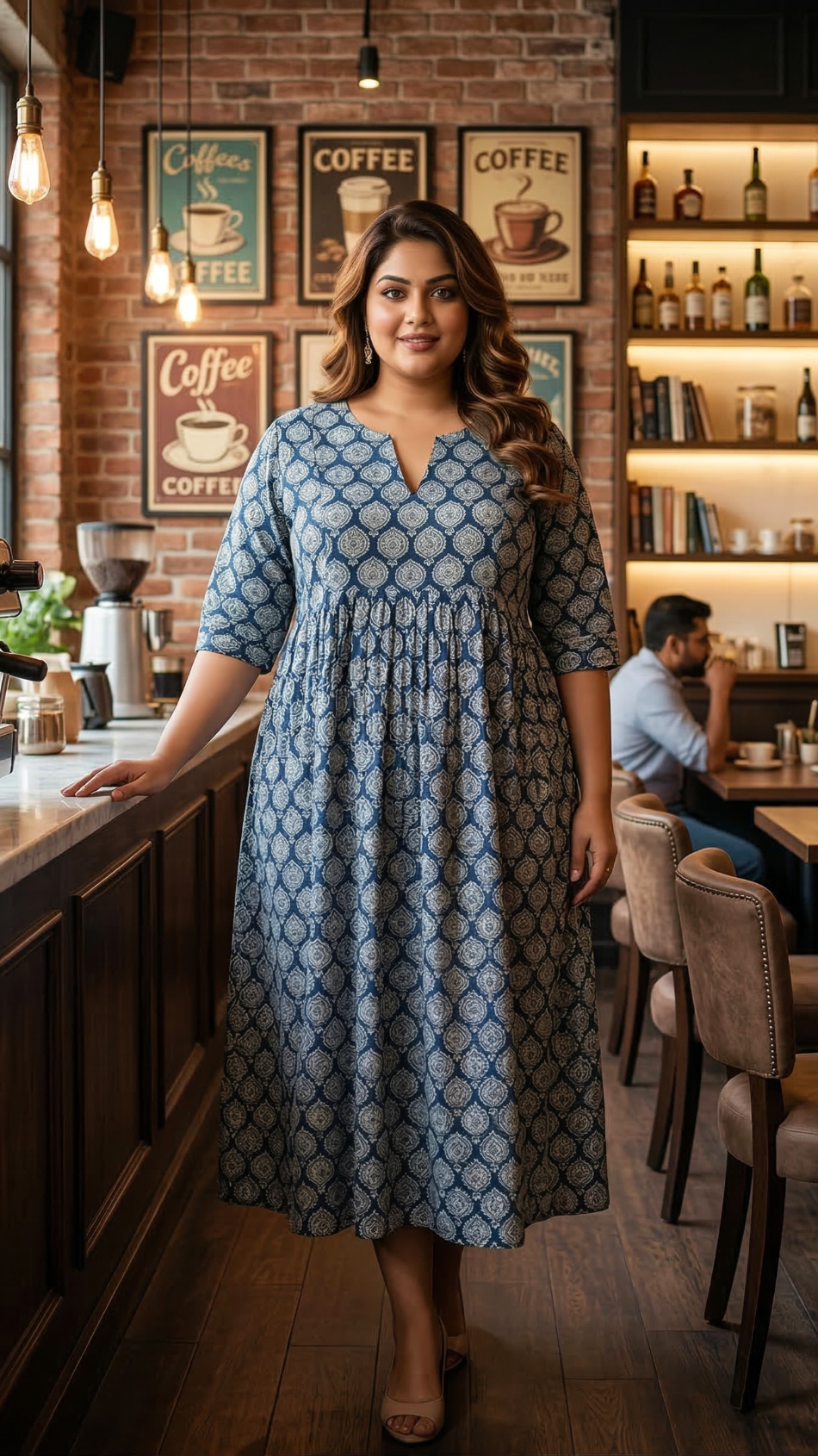 Plus Size Blue Printed Cotton Dress for Women – Elegant Casual Ethnic Dress