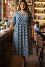 Plus Size Blue Printed Cotton Dress for Women – Elegant Casual Ethnic Dress