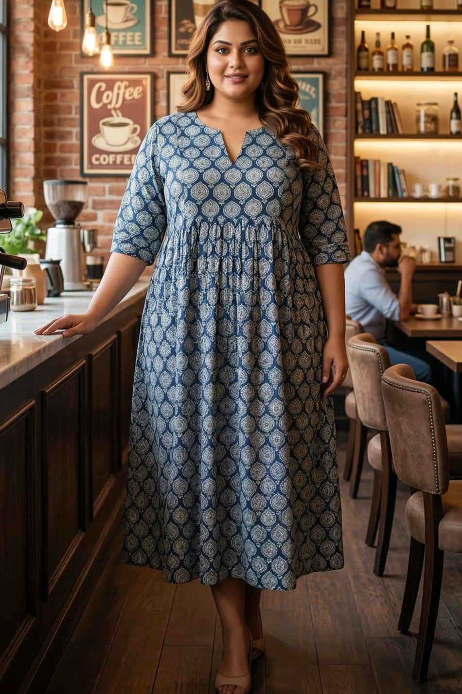 Plus Size Blue Printed Cotton Dress for Women – Elegant Casual Ethnic Dress