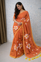Sunset Bloom Premium Mull Cotton Handprint Saree