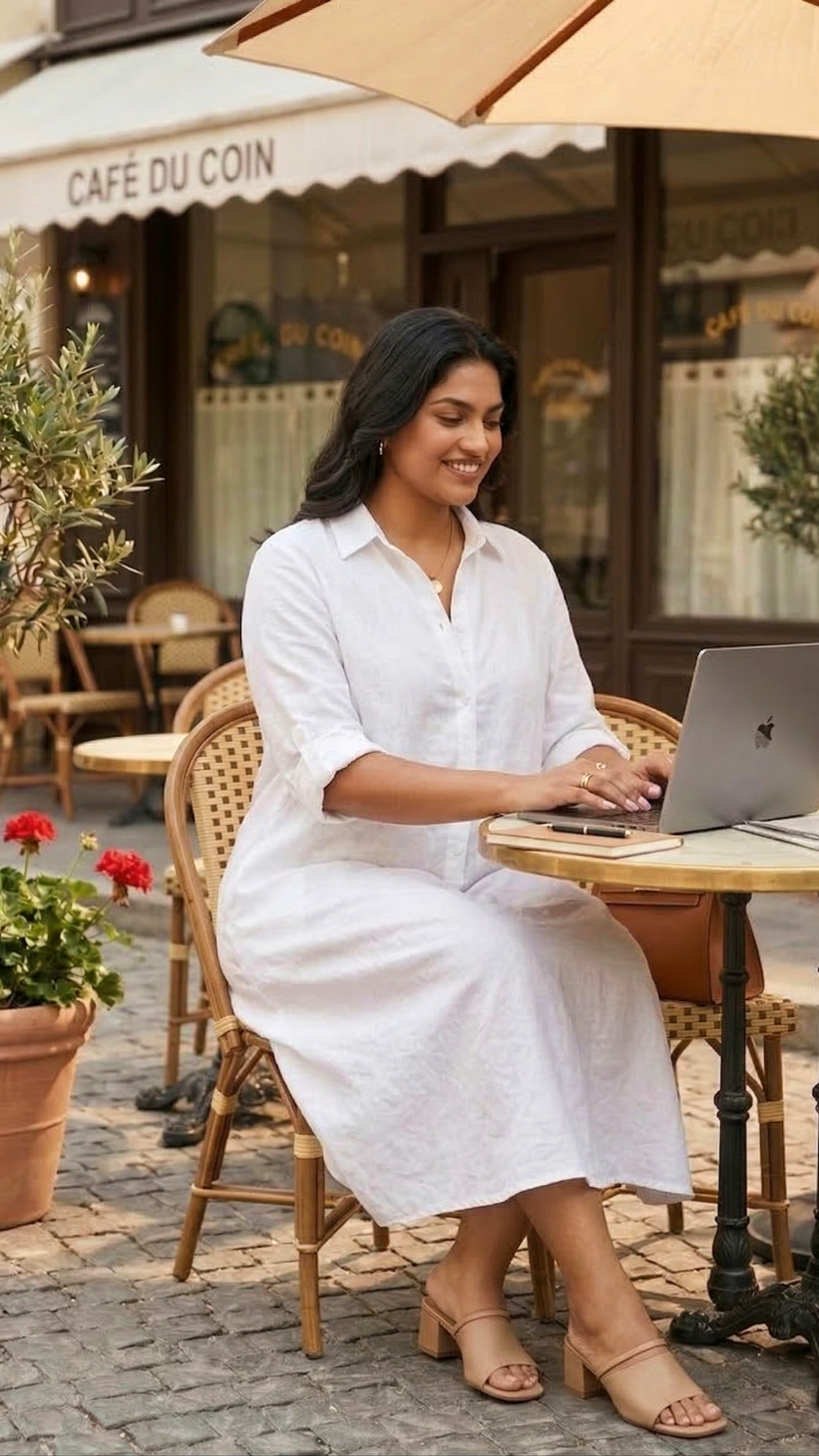 Plus Size White Cotton Linen Aline Shirt Dress for Women – Relaxed Fit Midi Dress