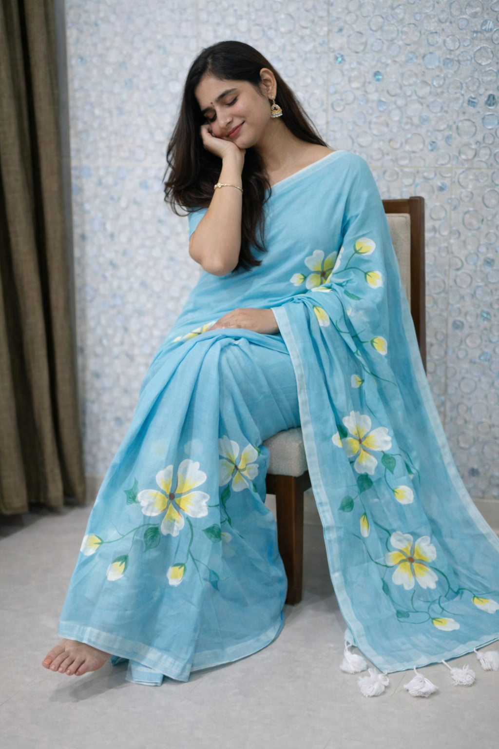 Sky Blossom Premium Mull Cotton Handprint Saree-0