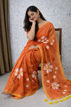 Sunset Bloom Premium Mull Cotton Handprint Saree