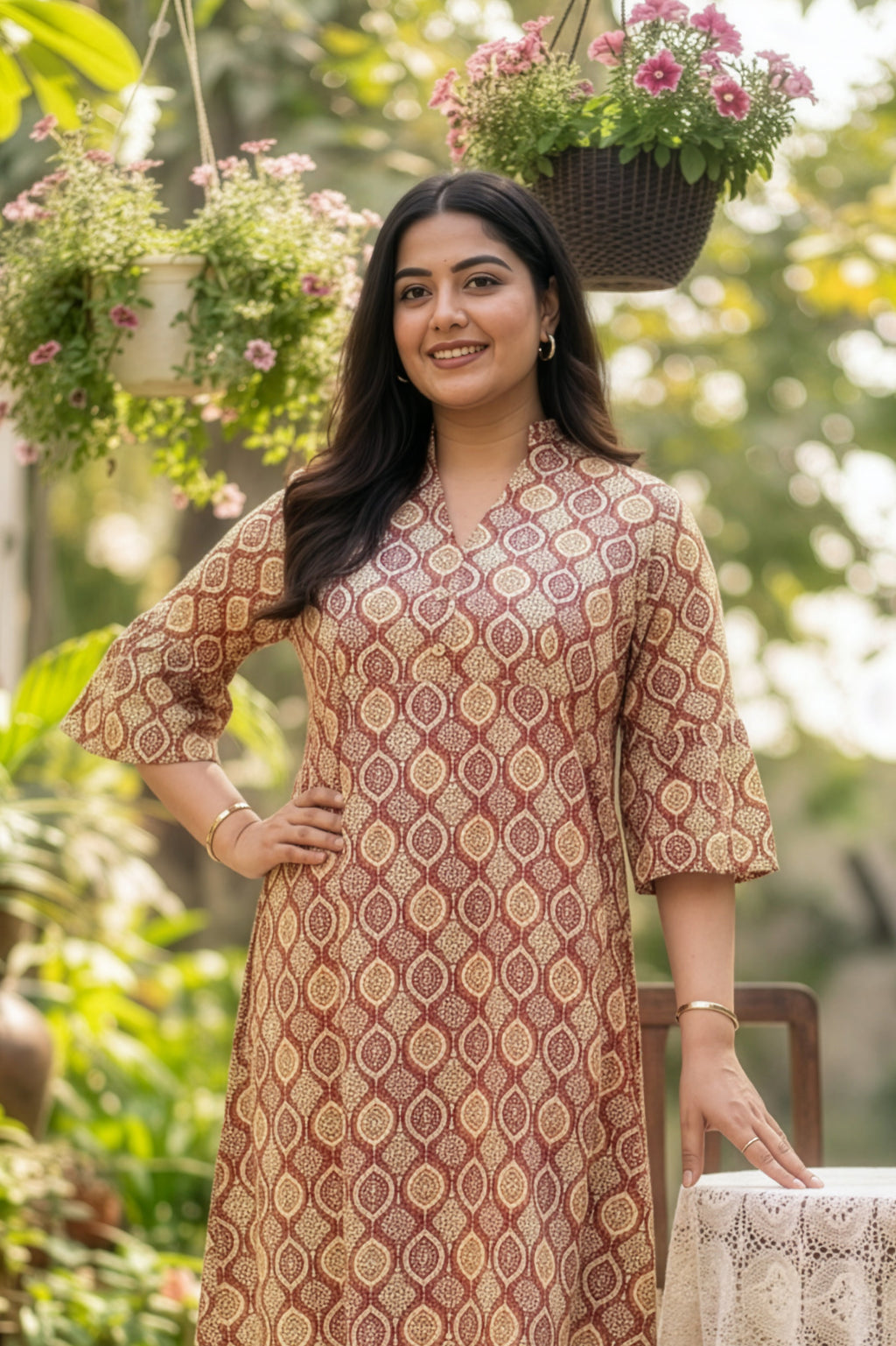 Plus Size Maroon Ajrakh Print Cotton Short Dress for Women – Kantha Fabric