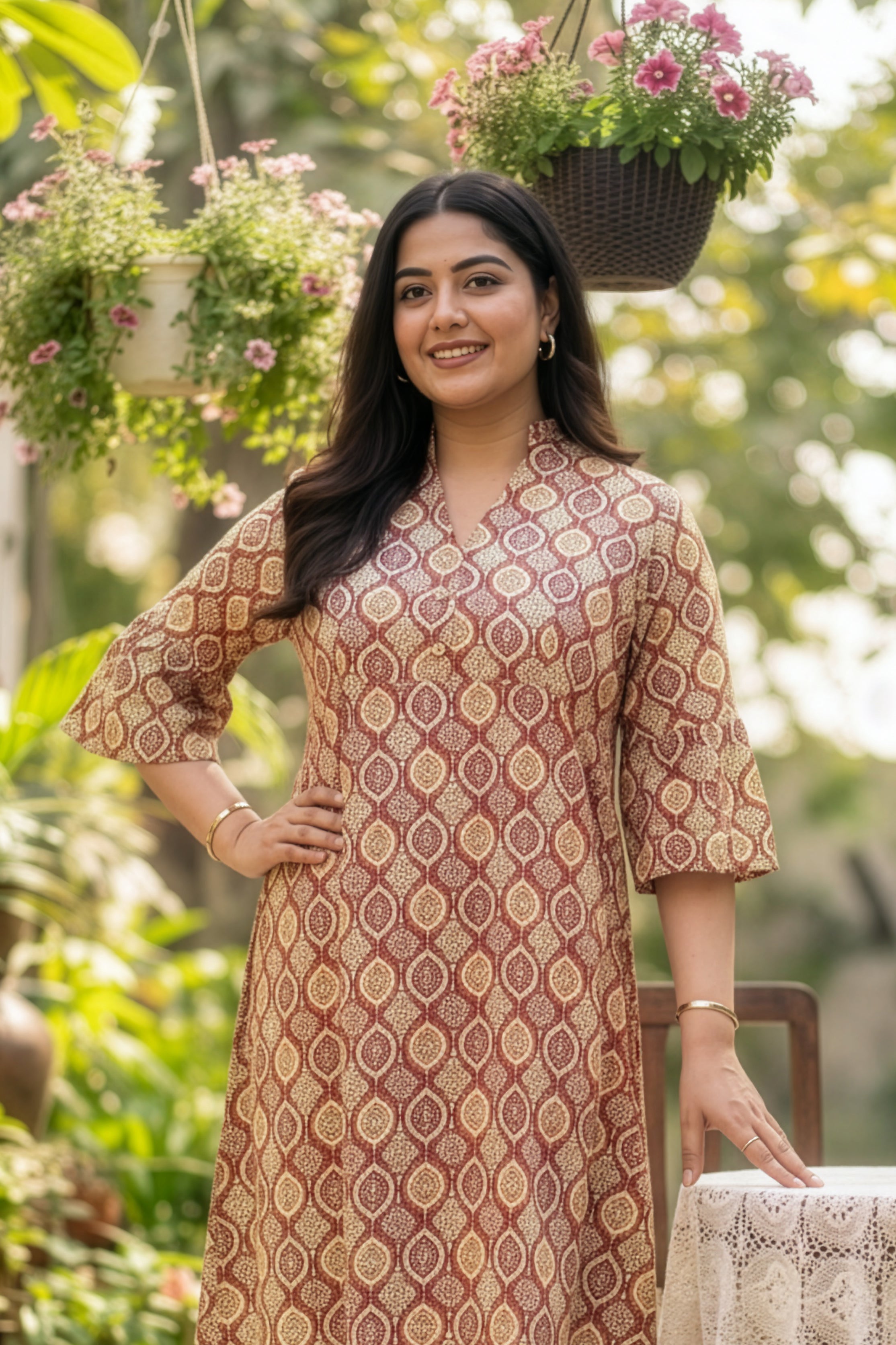 Plus Size Maroon Ajrakh Print Cotton Short Dress for Women – Kantha Fabric
