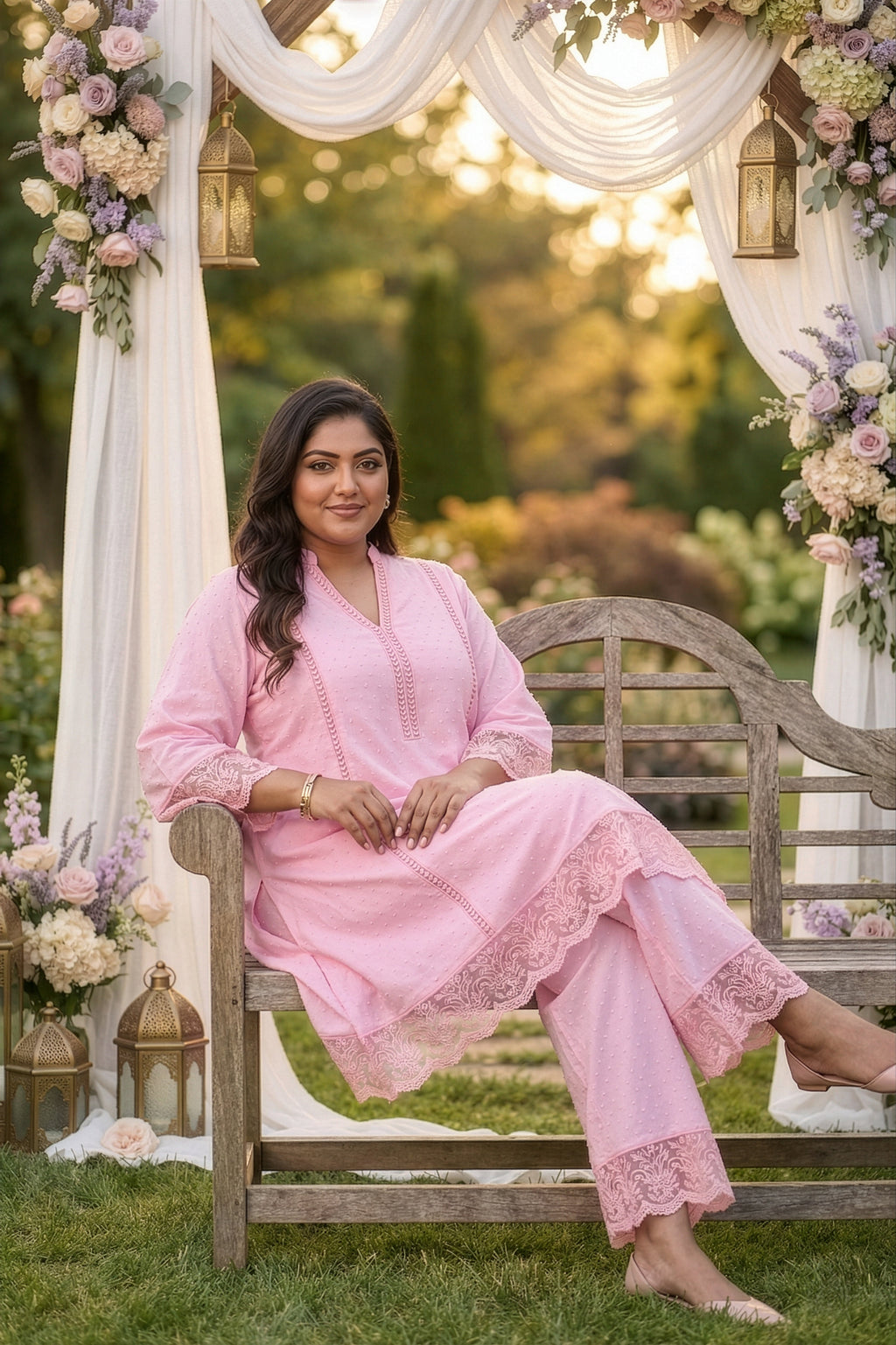 Plus Size Pink Cotton Dobby Co-ord Set for Women – Lace Detail Kurta & Pants Set