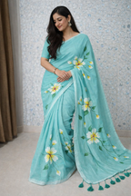 Aqua Bloom Premium Mull Cotton Handprint Saree-3