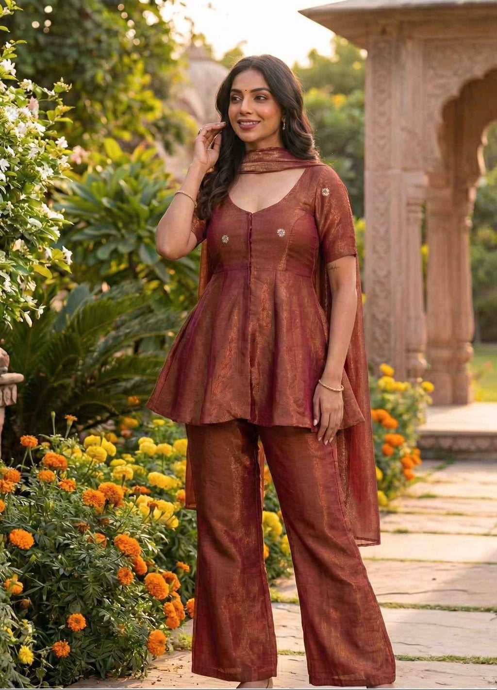 Rust Radiance Cosmos Tissue Peplum Co-Ord Set-0
