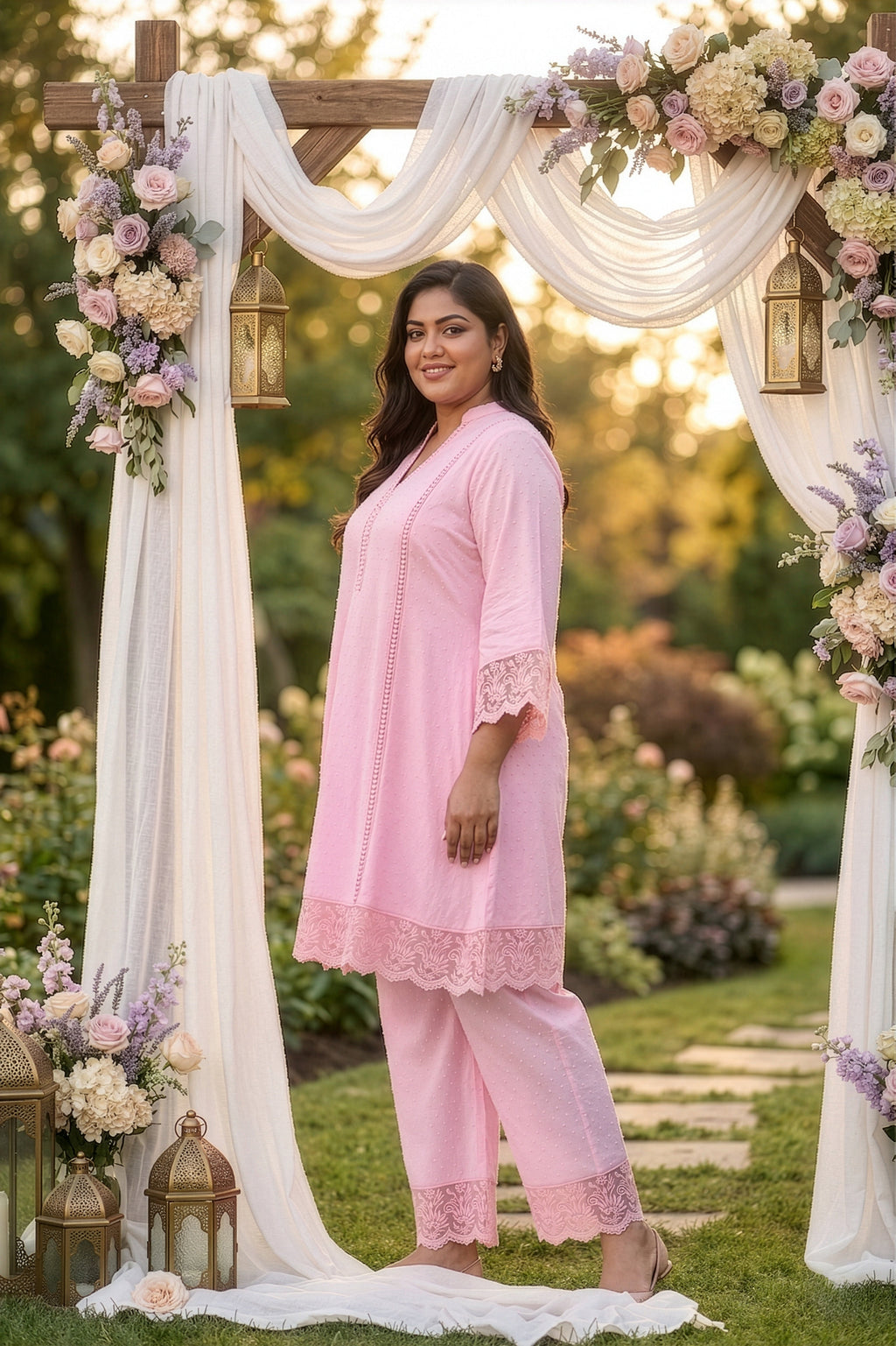 Plus Size Pink Cotton Dobby Co-ord Set for Women – Lace Detail Kurta & Pants Set
