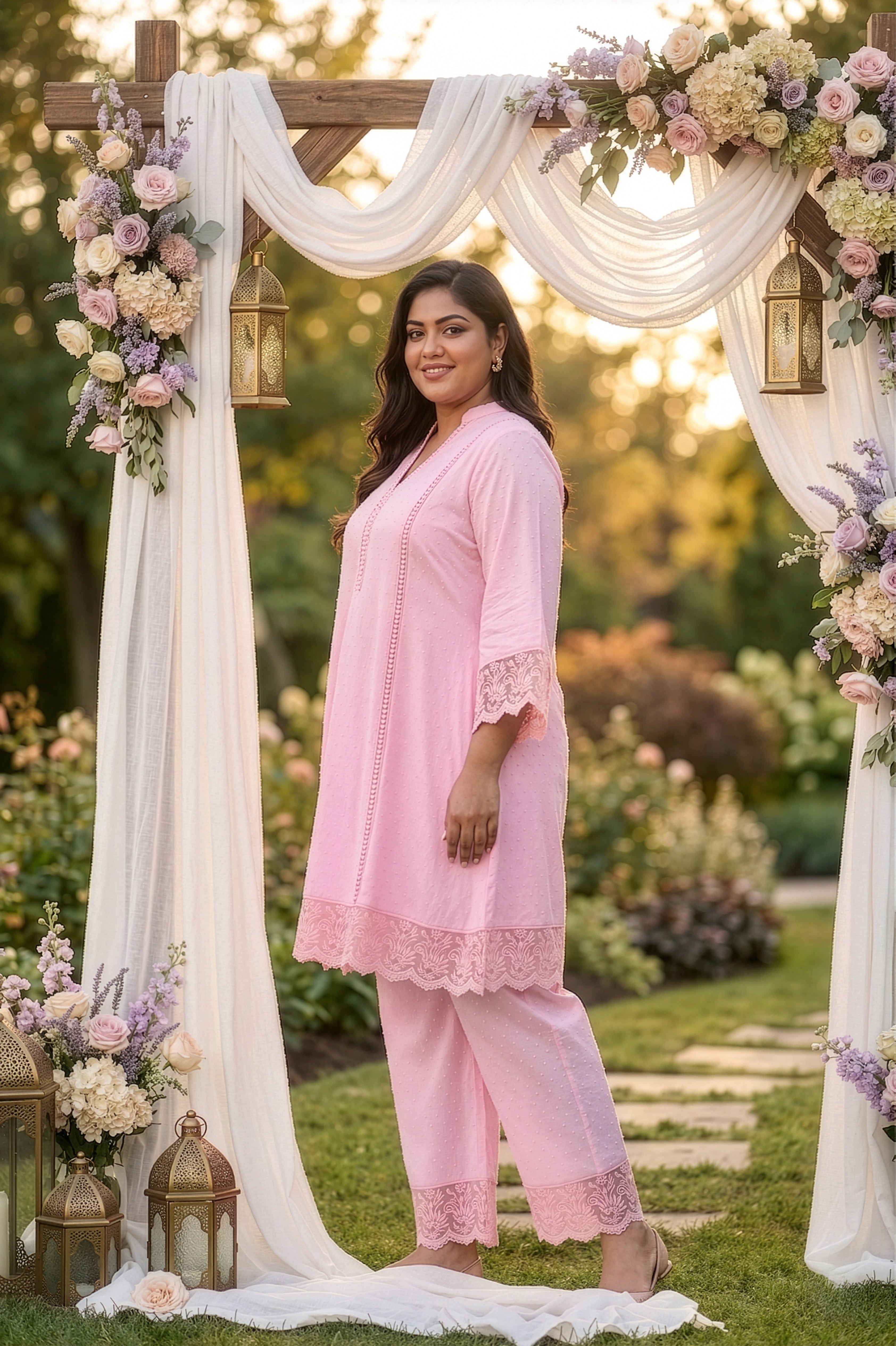 Plus Size Pink Cotton Dobby Co-ord Set for Women – Lace Detail Kurta & Pants Set