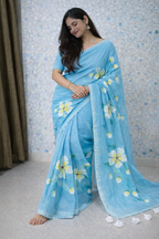 Sky Blossom Premium Mull Cotton Handprint Saree-1