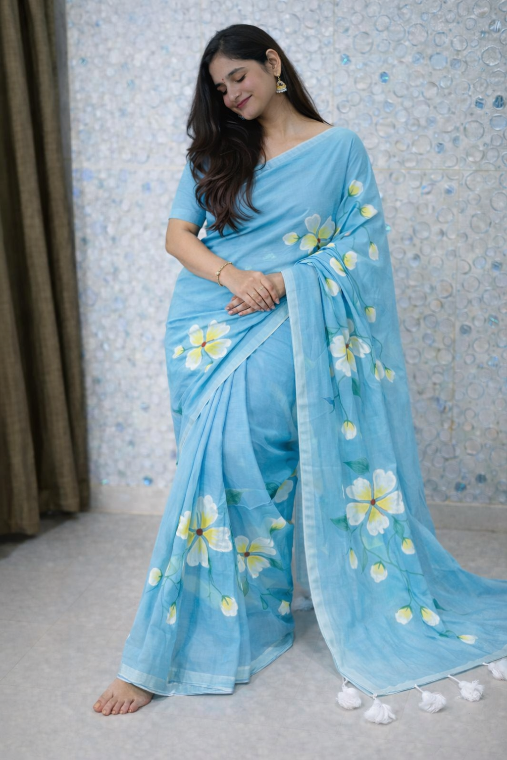 Sky Blossom Premium Mull Cotton Handprint Saree-1