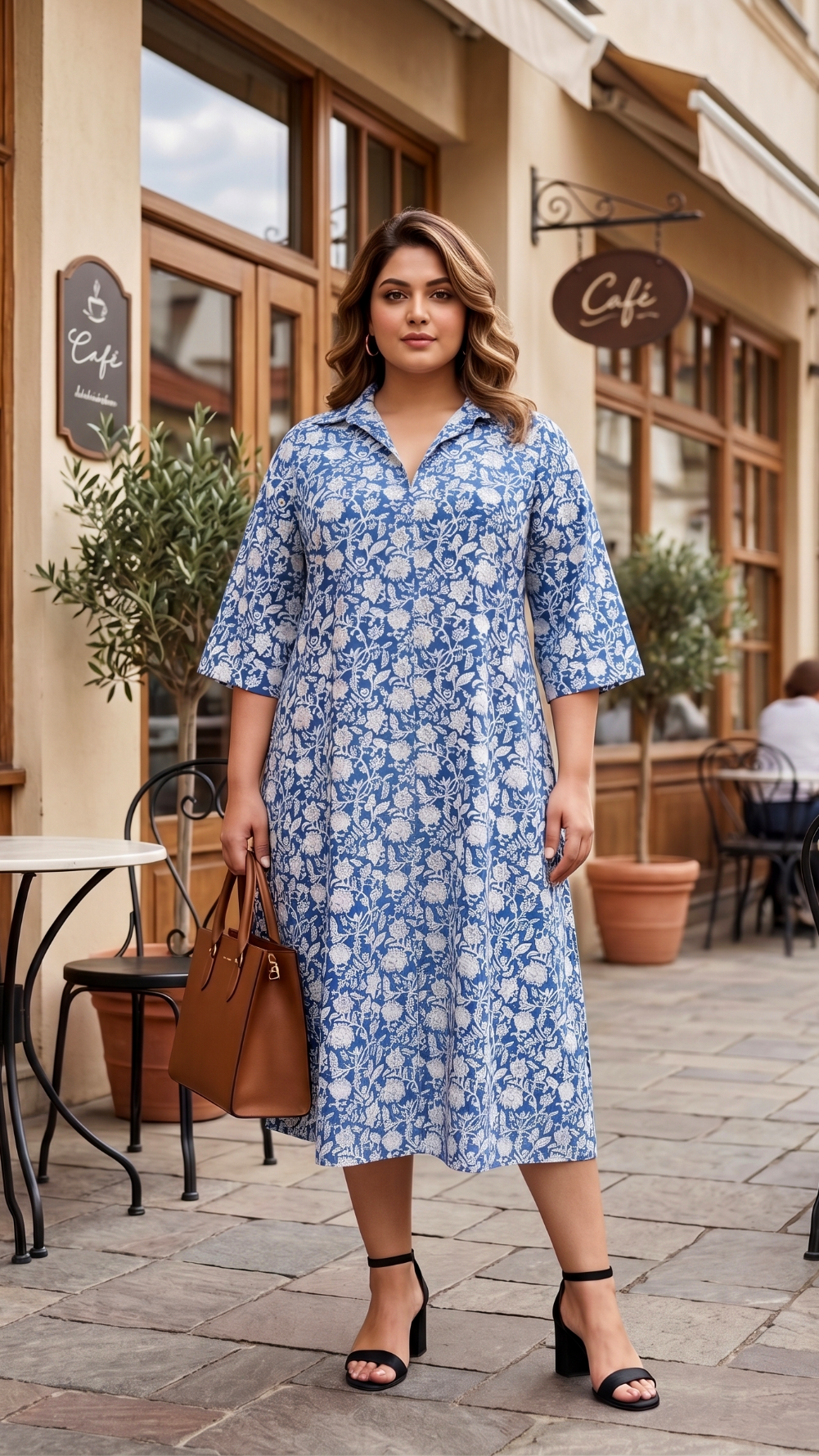 Plus Size Cotton Floral Midi Dress for Women – Blue Printed A-Line Dress