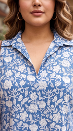 Plus Size Cotton Floral Midi Dress for Women – Blue Printed A-Line Dress