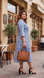 Plus Size Cotton Floral Midi Dress for Women – Blue Printed A-Line Dress