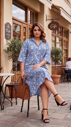 Plus Size Cotton Floral Midi Dress for Women – Blue Printed A-Line Dress