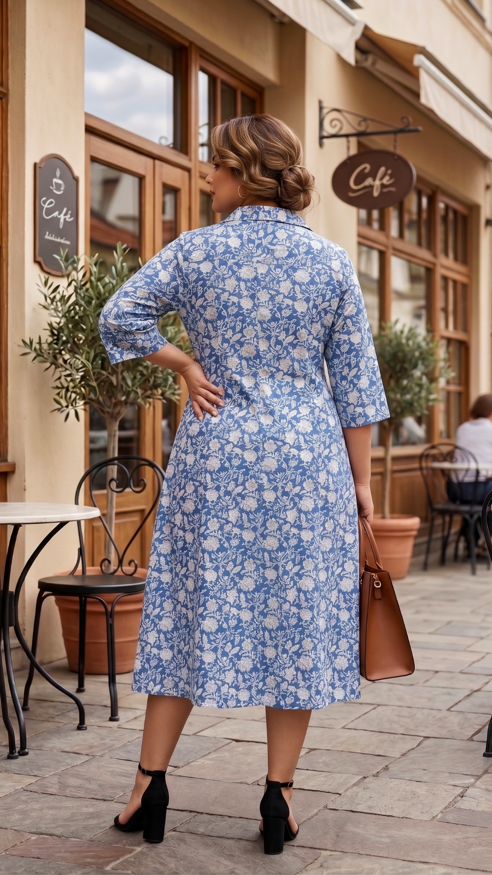Plus Size Cotton Floral Midi Dress for Women – Blue Printed A-Line Dress