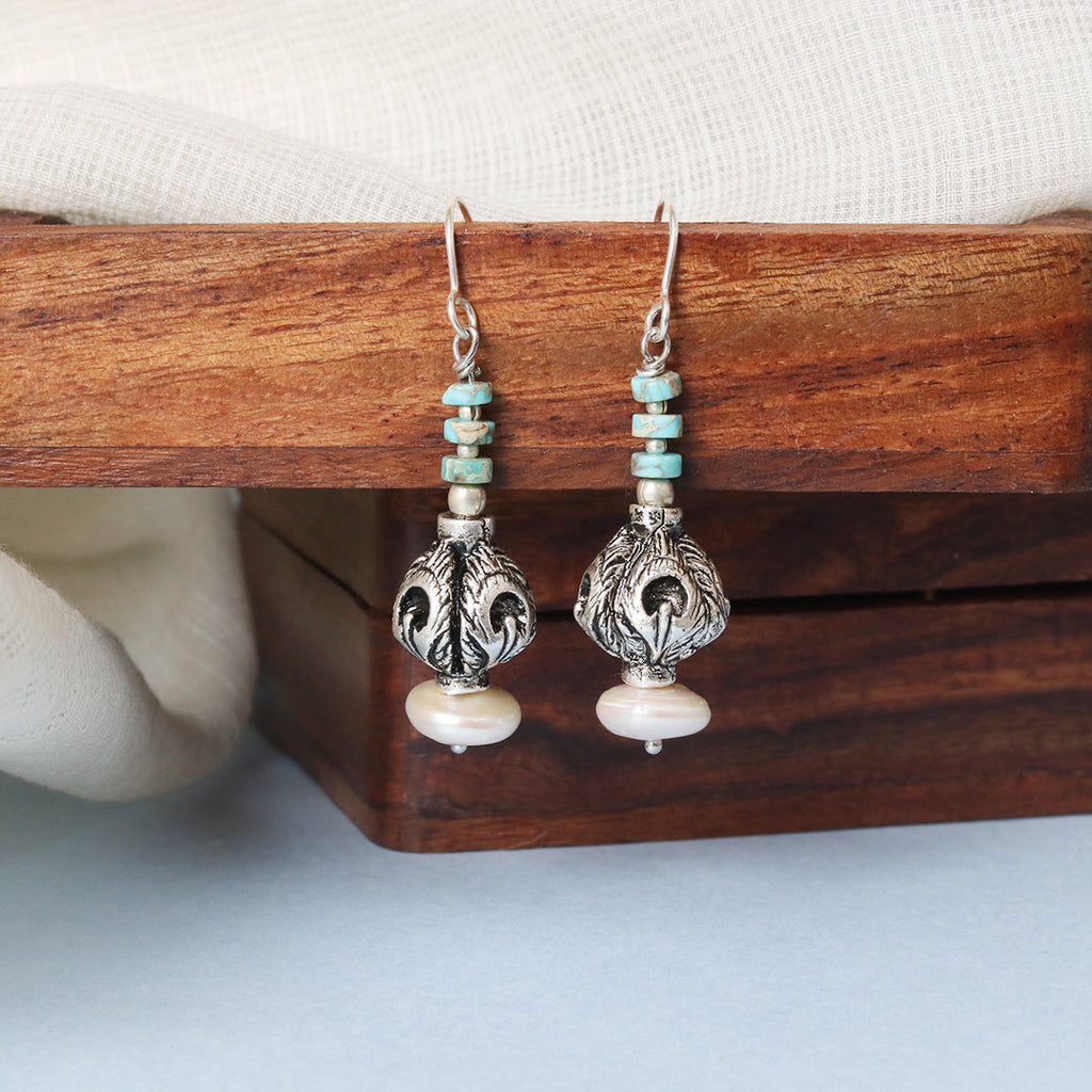Silver Carved Bead Earrings