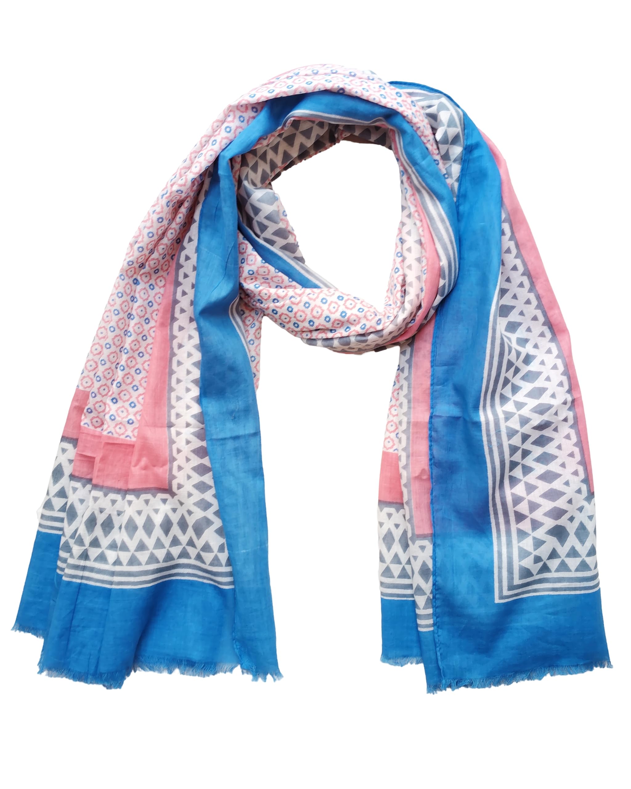Printed Cotton Scarf for Women | Blue Pink Multi Stole