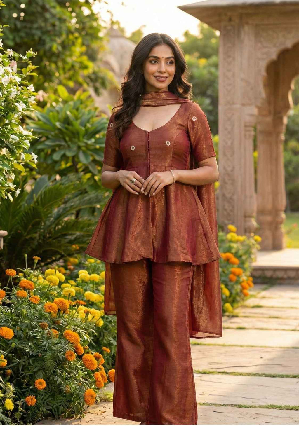 Rust Radiance Cosmos Tissue Peplum Co-Ord Set-1
