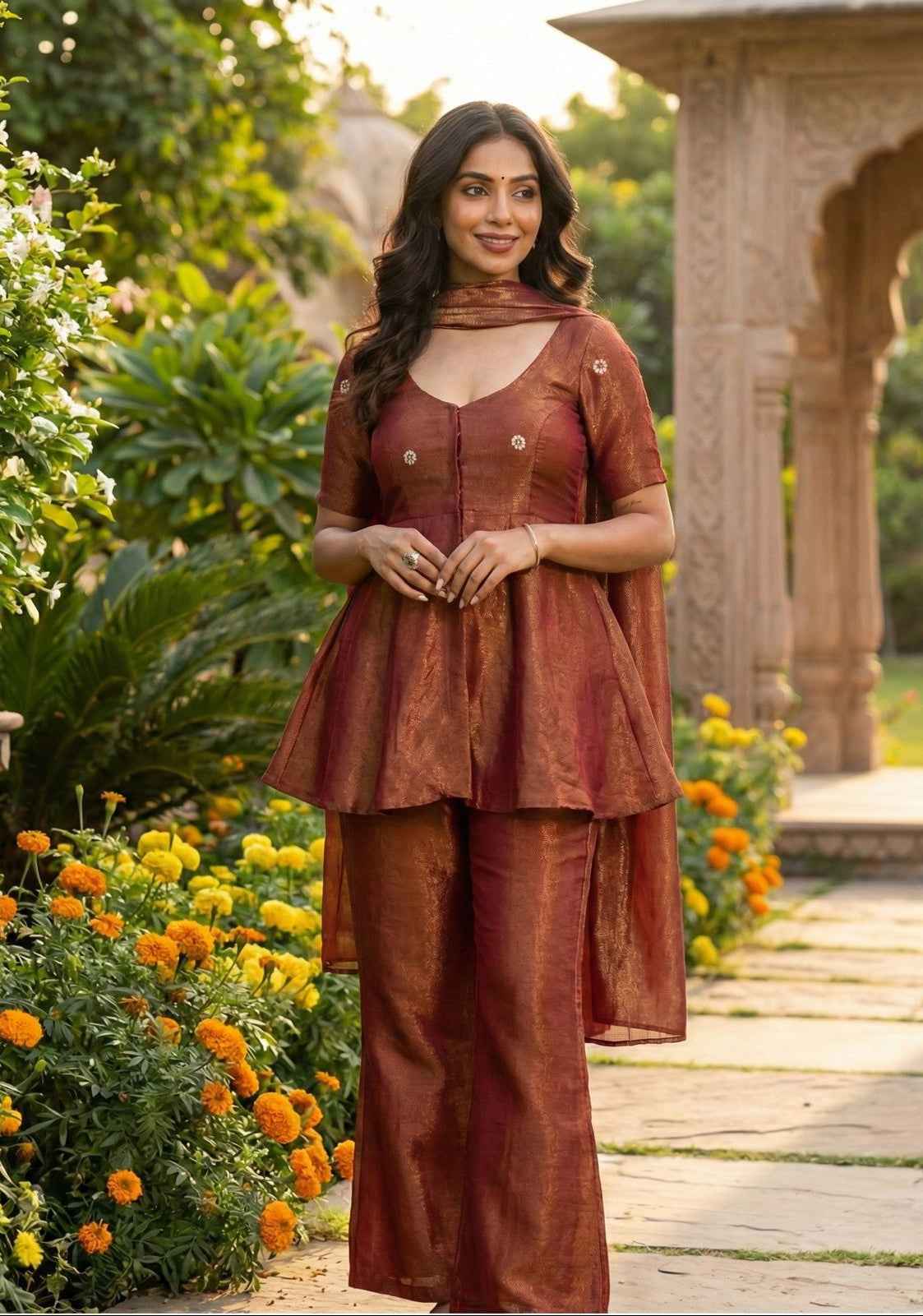 Rust Radiance Cosmos Tissue Peplum Co-Ord Set-1