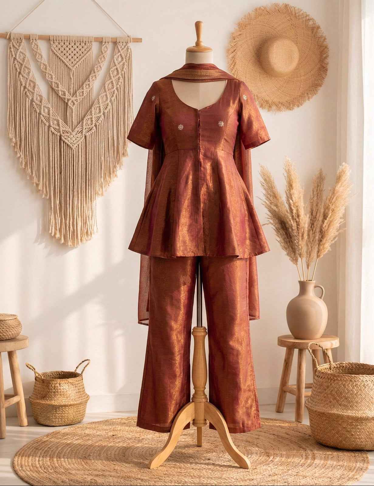 Rust Radiance Cosmos Tissue Peplum Co-Ord Set-2