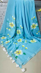 Sky Blossom Premium Mull Cotton Handprint Saree-2