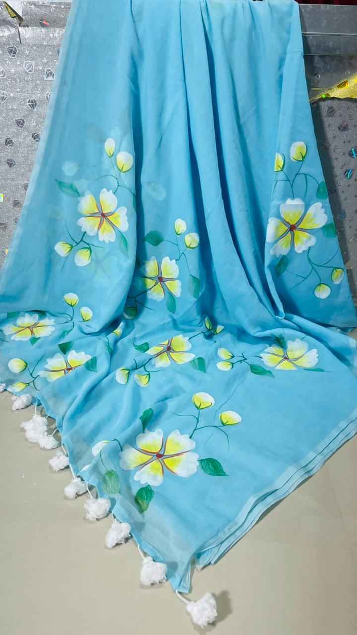 Sky Blossom Premium Mull Cotton Handprint Saree-2