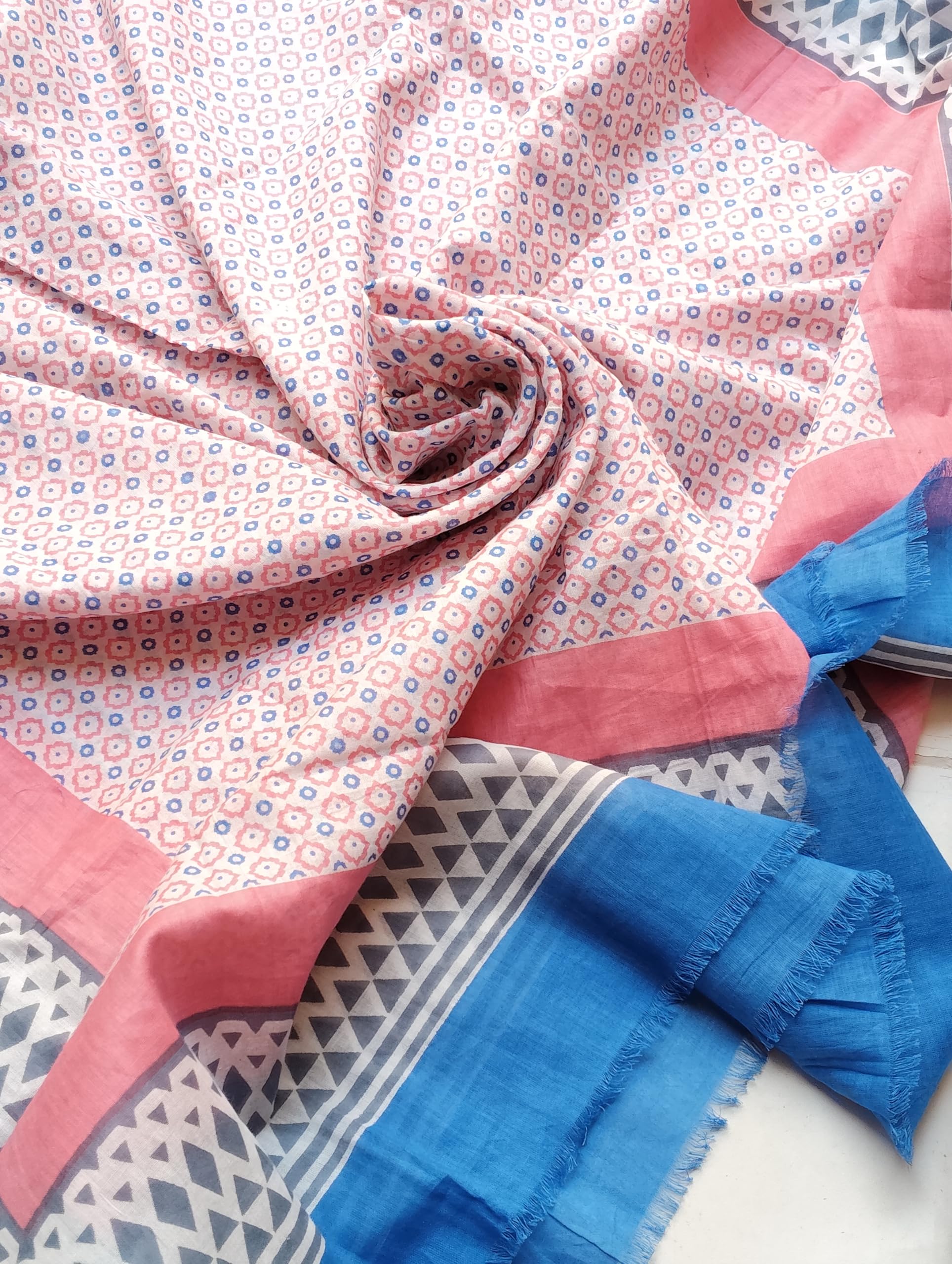Printed Cotton Scarf for Women | Blue Pink Multi Stole
