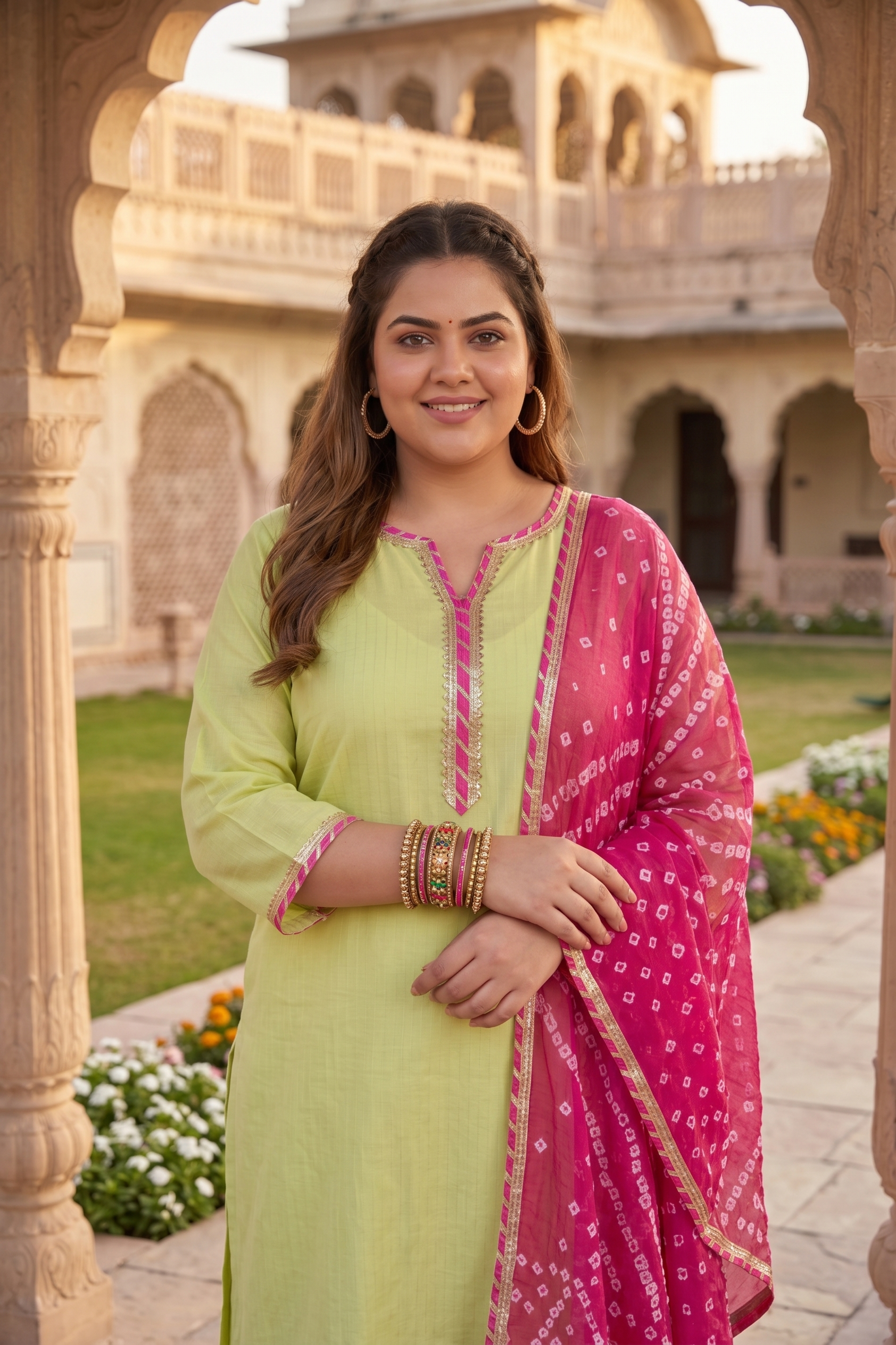 Plus Size Lime Green Kurta Suit Set with Bandhani Dupatta – Cotton Lurex Kurta Set