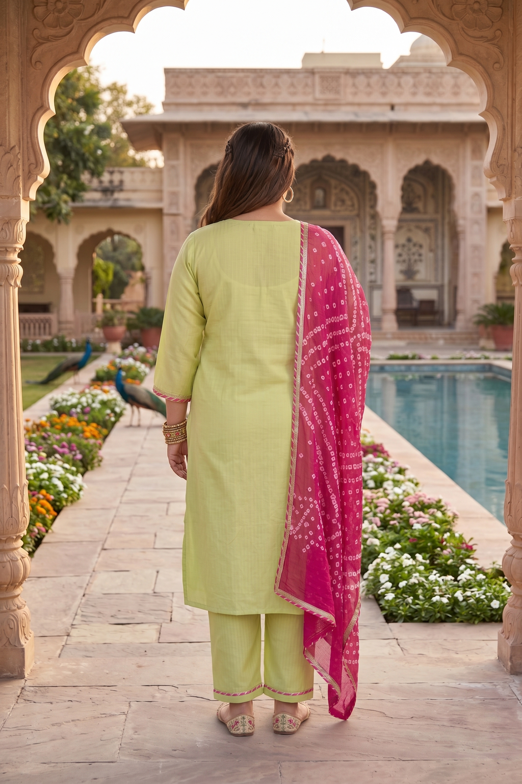 Plus Size Lime Green Kurta Suit Set with Bandhani Dupatta – Cotton Lurex Kurta Set