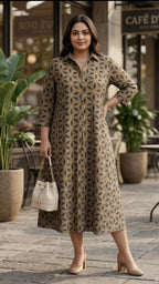 Plus Size Cotton Printed Midi Dress for Women | Brown Geometric A-Line Dress