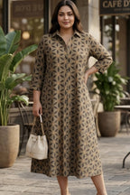 Plus Size Cotton Printed Midi Dress for Women | Brown Geometric A-Line Dress