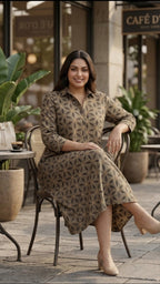 Plus Size Cotton Printed Midi Dress for Women | Brown Geometric A-Line Dress