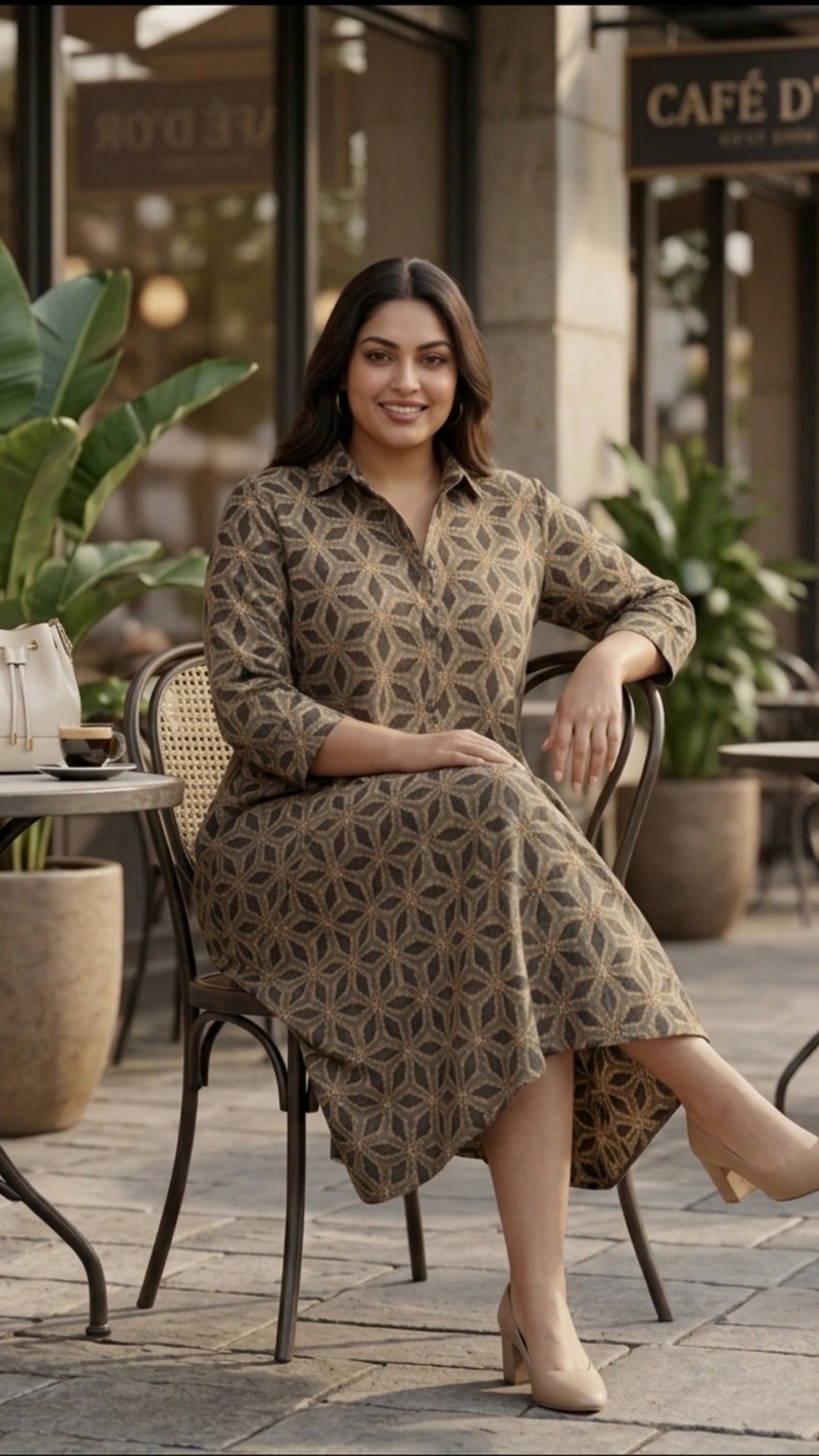 Plus Size Cotton Printed Midi Dress for Women | Brown Geometric A-Line Dress